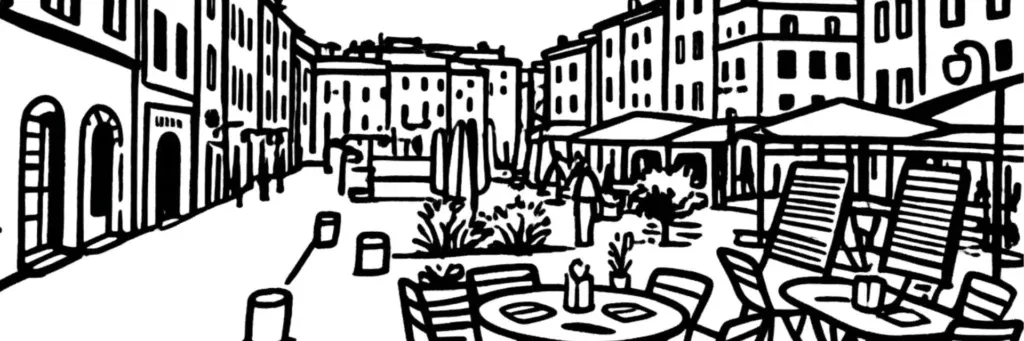 Le secteur de Célony à Aix-en-Provence, la route de Célony, les pavillons et petits collectifs, les bastides et les collines du nord-ouest de la ville, illustration au trait