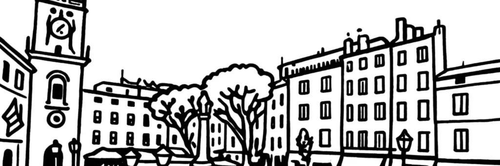 Le centre-ville d'Aix-en-Provence, le cours Mirabeau et ses platanes, la fontaine de la Rotonde, la place de l'Hôtel-de-Ville et son marché, la tour de l'Horloge et la place des Cardeurs, illustration au trait