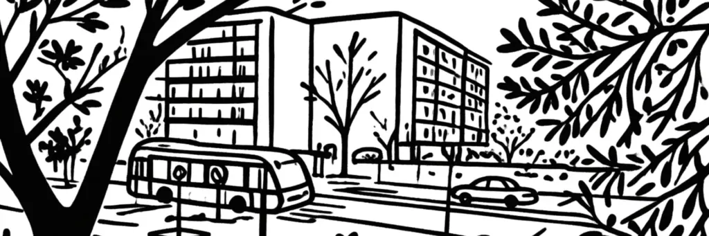 Le quartier Encagnane à Aix-en-Provence, le grand ensemble des années 1960, les secteurs Minimes et Corsy, les logements collectifs et la place Romée de Villeneuve au sud-ouest de la ville, illustration au trait