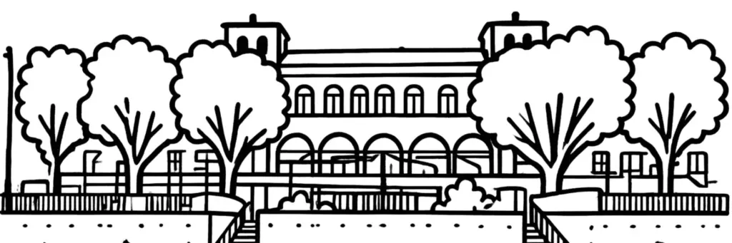 Le quartier des Facultés à Aix-en-Provence : le campus d'Aix-Marseille Université, la faculté de droit avenue Robert Schuman, le secteur des Fenouillères et les résidences étudiantes au sud du centre, illustration au trait