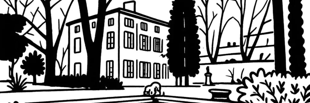 Le quartier du Jas de Bouffan à Aix-en-Provence, la bastide du Jas de Bouffan peinte par Cézanne, la Fondation Vasarely, le stade Maurice-David et le centre commercial à l'ouest de la ville, illustration au trait