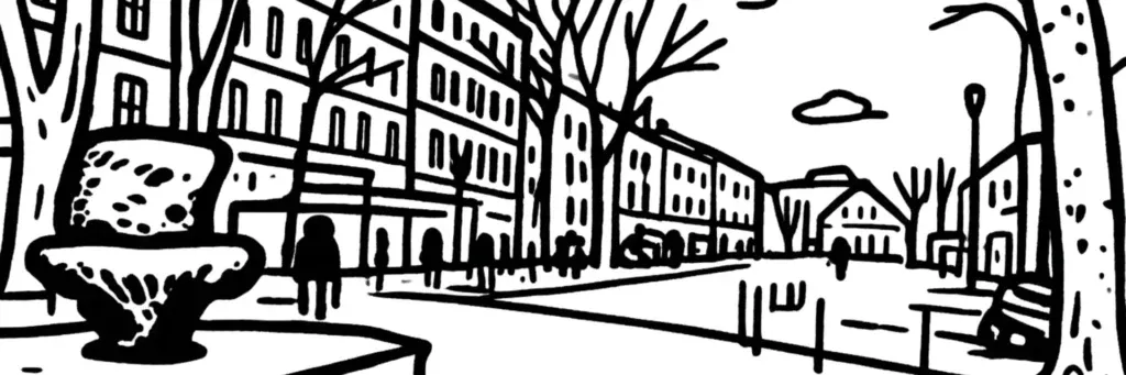 Le village de Luynes à Aix-en-Provence, le noyau villageois, l'avenue Robert Daugey, les commerces le long de la D8n et les secteurs pavillonnaires, illustration au trait