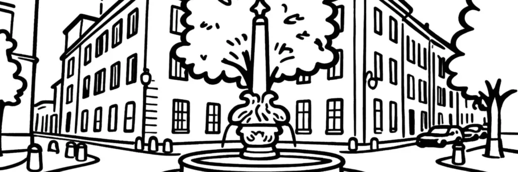 Le quartier Mazarin à Aix-en-Provence, la fontaine des Quatre-Dauphins, l'église Saint-Jean-de-Malte, le musée Granet, la rue Cardinale et le damier d'hôtels particuliers, illustration au trait