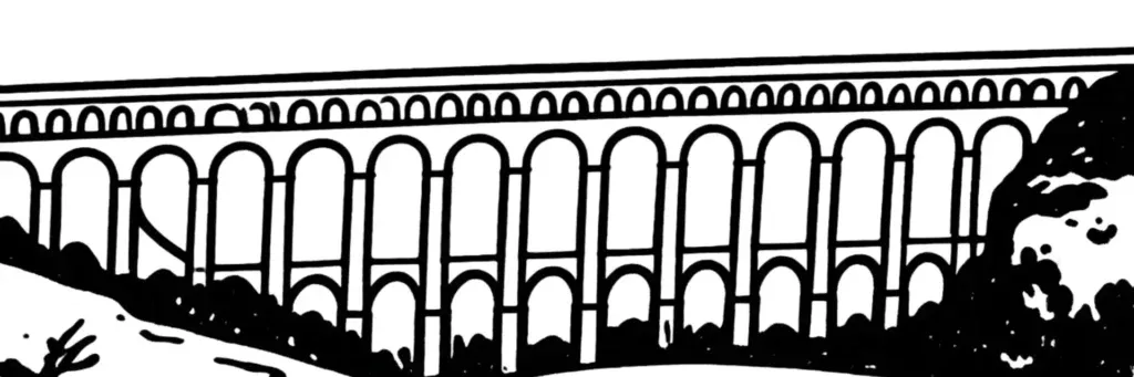 Le quartier du Pont-de-l'Arc à Aix-en-Provence, la rivière l'Arc, la colline boisée du Montaiguet, les facultés voisines et l'entrée sud de la ville, illustration au trait