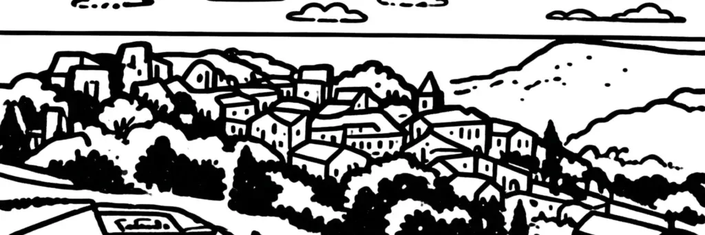 Le village de Puyricard sur le plateau au nord d'Aix-en-Provence, l'église Notre-Dame-de-l'Assomption, la chocolaterie de Puyricard et ses calissons, les bastides et villas dans un cadre champêtre, illustration au trait