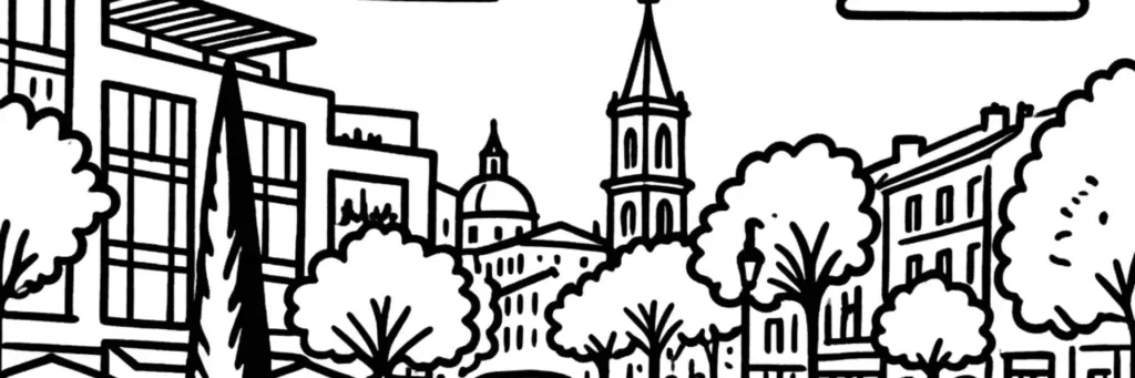 Le quartier Sextius-Mirabeau à Aix-en-Provence, les Allées Provençales, le Grand Théâtre de Provence, le Pavillon Noir, les thermes Sextius et la gare routière, illustration au trait