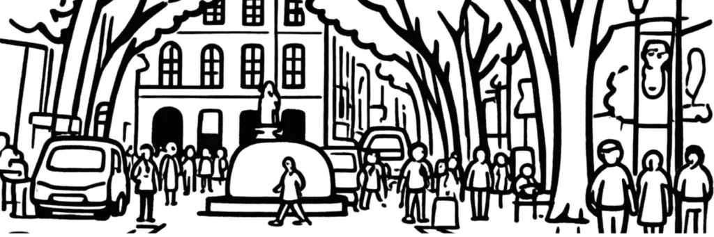 Le quartier du Val Saint-André à Aix-en-Provence : le secteur de Beauvalle, les résidences et maisons sur les collines boisées, les vues sur le vallon au sud du centre, illustration au trait