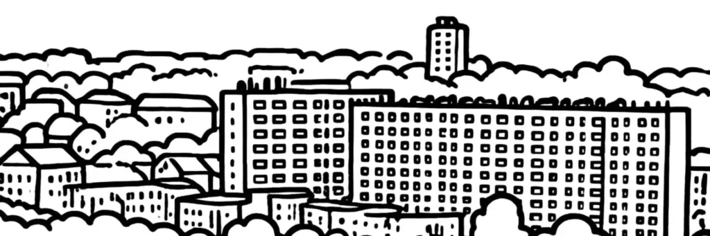Le quartier Belle-Beille à Angers, le campus universitaire et ses écoles, la ligne B du tramway, les étangs Saint-Nicolas en lisière, sur la rive droite ouest de la ville, illustration au trait