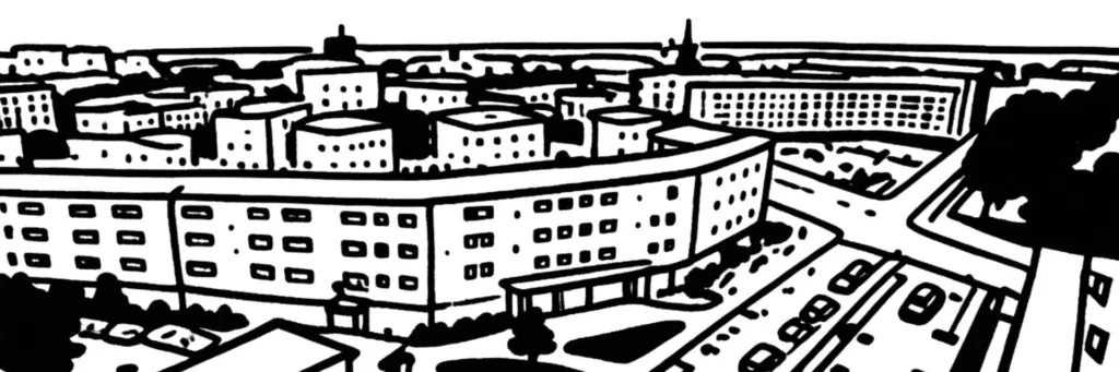 Le quartier Deux-Croix à Angers, l'ensemble Deux-Croix-Banchais-Grand-Pigeon, la rue Larévellière vers le centre, le marché et les rues résidentielles du nord-est de la ville, illustration au trait
