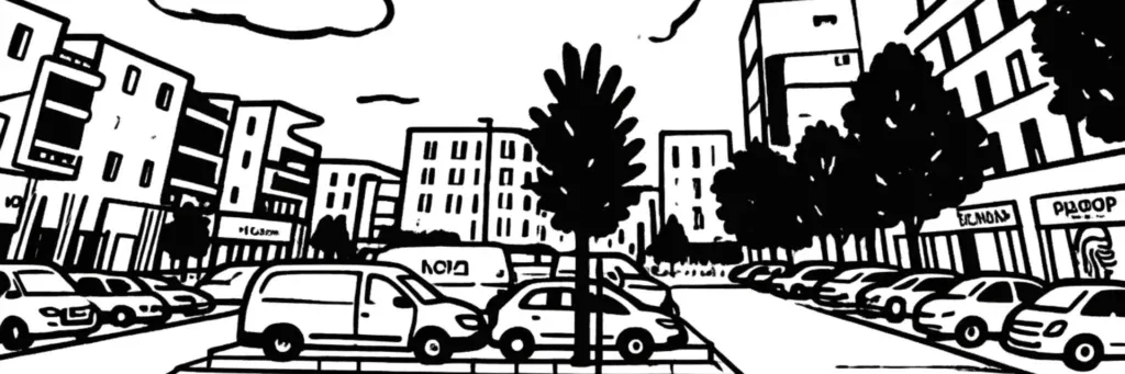 Le quartier des Hauts-de-Saint-Aubin à Angers, l'éco-quartier du plateau des Capucins et ses immeubles récents, le tramway au nord de la ville, Terra Botanica à proximité, illustration au trait