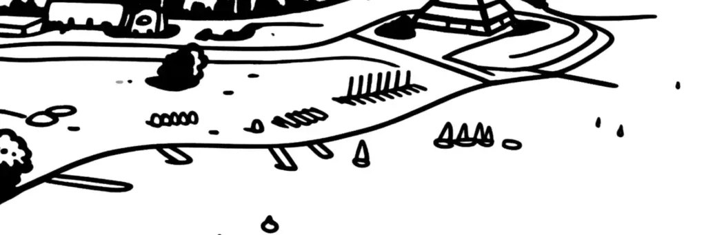 Le quartier du Lac de Maine à Angers, le plan d'eau et sa plage, le parc de loisirs et sa base nautique, les espaces verts des parcs Saint-Nicolas, sur la rive droite ouest de la ville, illustration au trait
