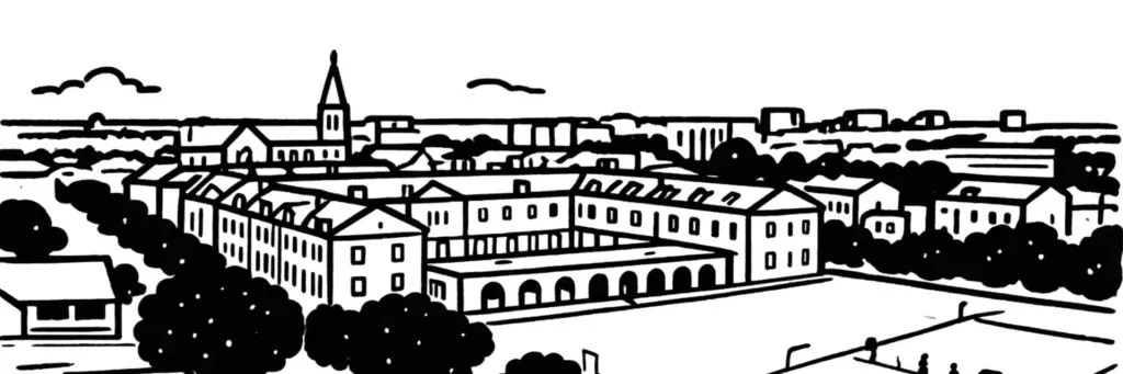 Le quartier de la Madeleine à Angers, la rue de la Madeleine, les petits immeubles résidentiels et les rues pavillonnaires au sud-est du centre, l'arrêt de tramway Madeleine, illustration au trait