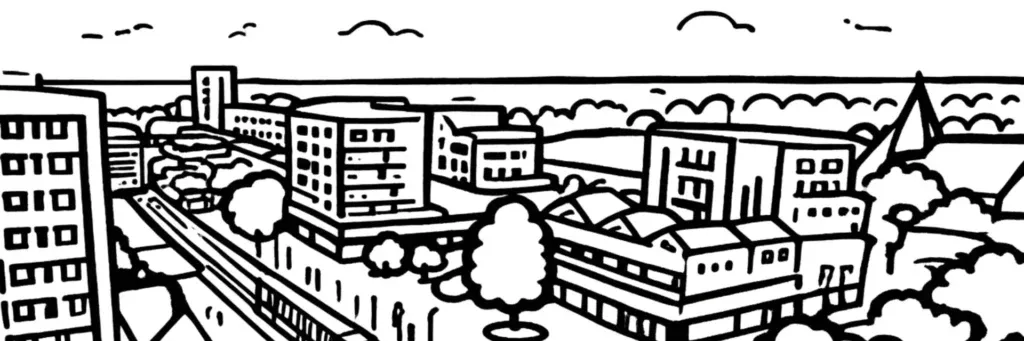 Le quartier Monplaisir à Angers, la place de l'Europe, la ligne B du tramway, le parc Hébert-de-la-Rousselière et ses équipements sportifs, dans le nord de la ville, illustration au trait