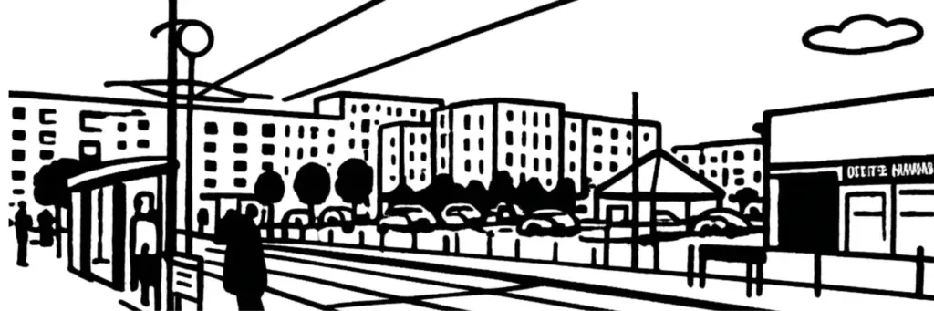 Le quartier de La Roseraie à Angers, le terminus sud de la ligne A du tramway, la place Pierre Mendès France et son centre commercial, le centre Jean-Vilar et les espaces verts, au sud de la ville, illustration au trait