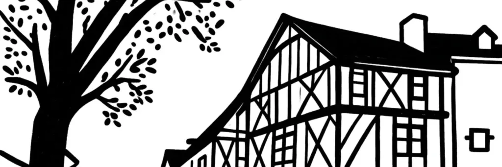 Le quartier Saint-Jacques à Angers, l'église Saint-Jacques, le CHU et le site Larrey, le bâti ancien de La Doutre sur la rive droite de la Maine, illustration au trait