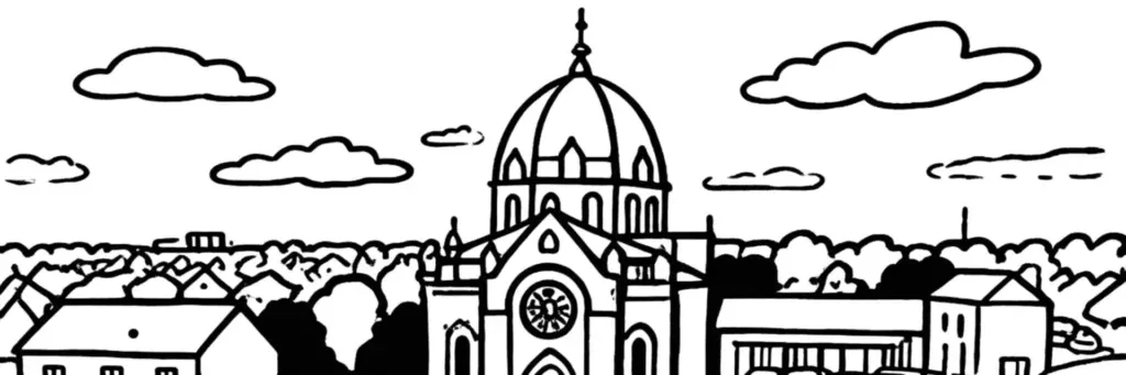 Le quartier Saint-Léonard à Angers, l'église Saint-Léonard, les rues pavillonnaires résidentielles et les petits immeubles à l'est de la ville, l'arrêt de tramway Église Saint-Léonard, illustration au trait
