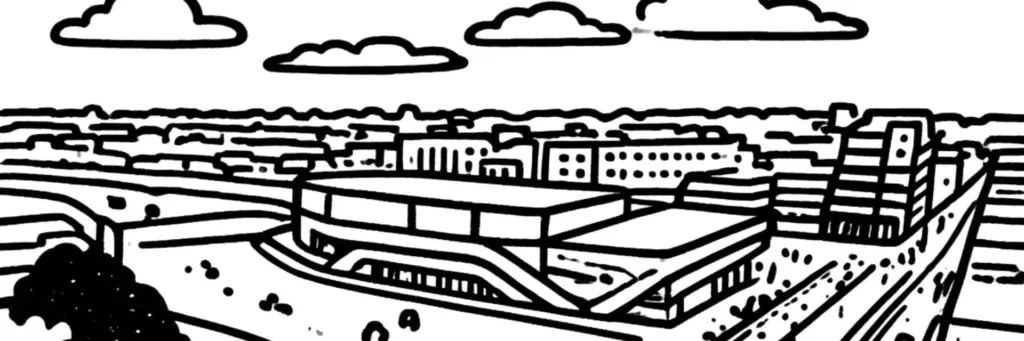 Le quartier Saint-Serge à Angers, le campus universitaire et l'église Saint-Serge, le parc Saint-Serge paysager sur les berges de la Maine, le Jardin des plantes au nord-est du centre, illustration au trait