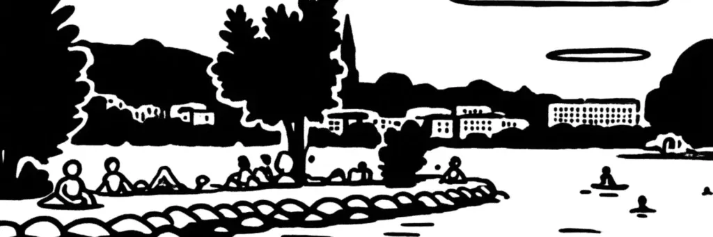 Le quartier d'Albigny à Annecy, l'avenue d'Albigny bordée de platanes, le Pâquier et la plage de l'Impérial au bord du lac, les immeubles résidentiels face à l'eau, illustration au trait