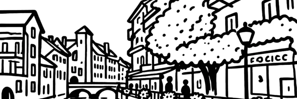 Le quartier d'Annecy-le-Vieux, son église et son coeur de village, les immeubles résidentiels et l'université Savoie Mont Blanc, le bord du lac à Albigny en contrebas, illustration au trait
