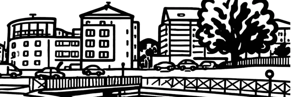 Le quartier de Cran-Gevrier à l'ouest d'Annecy, les berges du Thiou et les anciennes usines réhabilitées, les immeubles résidentiels et les programmes récents, illustration au trait