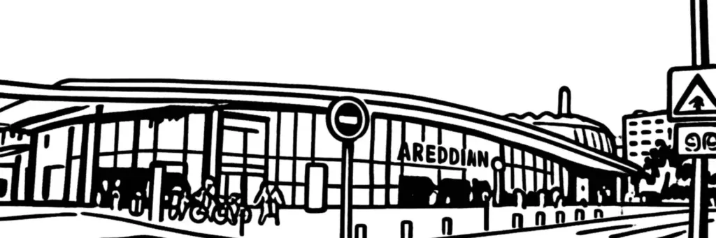 Le quartier de la Gare à Annecy, la gare SNCF, les immeubles du centre et les abords de Loverchy et des Marquisats, le bord du lac au sud, illustration au trait