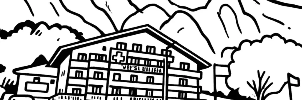 Le quartier des Clarines au nord d'Annecy-le-Vieux, ses résidences et maisons sur les coteaux, les espaces verts et les vues vers le lac et les montagnes, illustration au trait