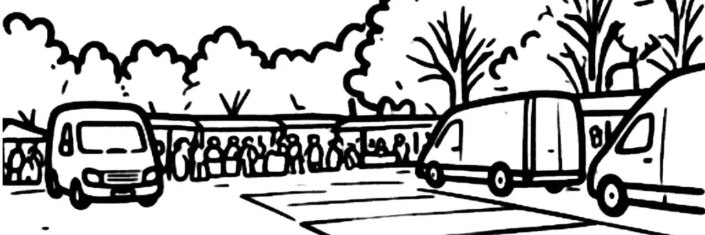 Le quartier des Romains au nord-ouest d'Annecy, l'avenue des Romains, la basilique de la Visitation sur sa colline, les immeubles d'habitation et les commerces, illustration au trait