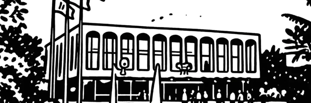 Le quartier de Meythet au nord-ouest d'Annecy, ses immeubles et lotissements résidentiels, ses commerces et l'aérodrome d'Annecy à proximité, illustration au trait