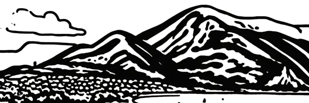 Le quartier du Mont-Veyrier à Annecy, les villas des coteaux des Glaisins et de Lachat sous la montagne, les vues plongeantes sur le lac et la ville, illustration au trait