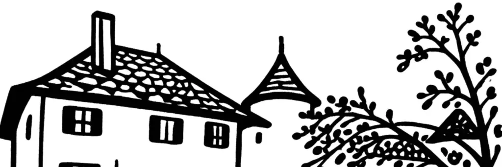 Le quartier de Novel au nord-est d'Annecy, ses grands ensembles des années 1970, les secteurs des Fins et des Teppes, les espaces verts et les équipements de proximité, illustration au trait