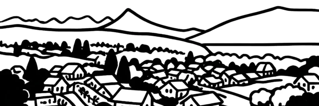 Le quartier de Pringy au nord d'Annecy, son coeur de village, les lotissements pavillonnaires et les programmes récents, les coteaux verdoyants en arrière-plan, illustration au trait