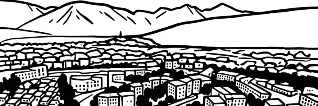 Le quartier de Seynod au sud-ouest d'Annecy, son centre et son église, les immeubles et lotissements résidentiels, les commerces et les coteaux verdoyants, illustration au trait