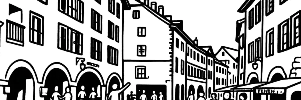 La Vieille Ville d'Annecy, les canaux du Thiou et le Palais de l'Isle, les ruelles pavées à arcades et les façades colorées, le château en surplomb, illustration au trait