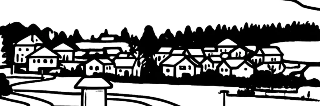 Le quartier de Vieugy au sud d'Annecy, son hameau résidentiel et son église, les maisons et lotissements sur les coteaux du sud, les espaces verts en arrière-plan, illustration au trait