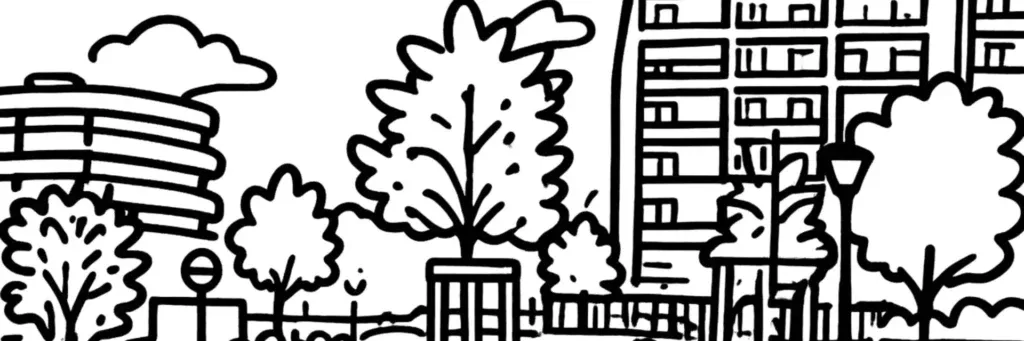 Les échoppes, les villas et le Parc Bordelais dans le quartier résidentiel de Caudéran à Bordeaux, illustration au trait