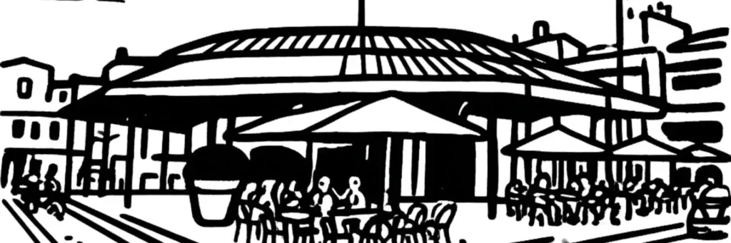 Les quais des Chartrons, les anciens entrepôts de négociants et le marché des Chartrons à Bordeaux, illustration au trait