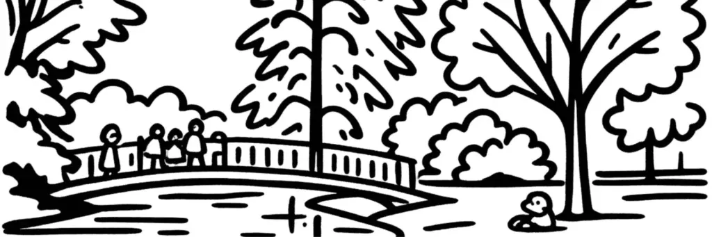 Le Jardin Public, parc à l'anglaise, et le quartier Fondaudège au nord du Triangle d'Or à Bordeaux, illustration au trait