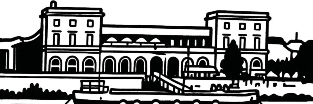 La rive droite de Bordeaux, le pont de pierre, le Jardin Botanique et l'écosystème Darwin à La Bastide, illustration au trait