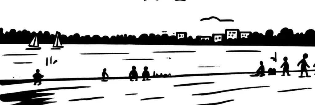 Le lac de Bordeaux, l'écoquartier Ginko et le parc des expositions au nord de la ville, illustration au trait