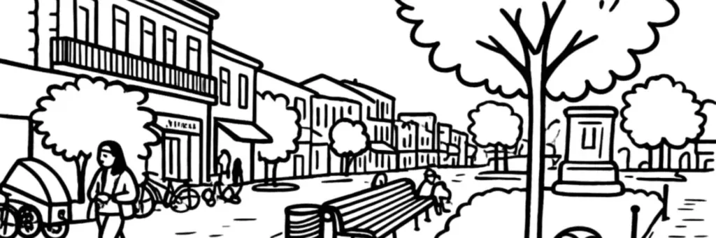 Les échoppes bordelaises et la place Nansouty dans un quartier résidentiel du sud de Bordeaux, illustration au trait