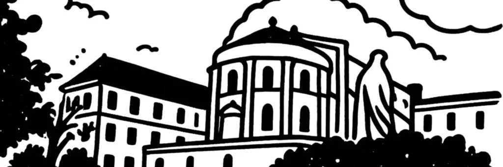L'église Saint-Augustin, les échoppes et la proximité du CHU Pellegrin à l'ouest de Bordeaux, illustration au trait