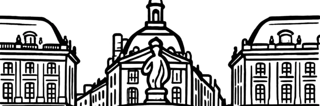 L'église Saint-Bruno, le quartier de Mériadeck et la cité administrative à l'ouest du centre de Bordeaux, illustration au trait