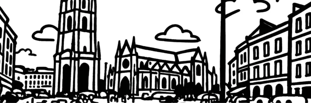 La basilique Saint-Michel, sa flèche, le marché et la place Saint-Michel rive gauche sud à Bordeaux, illustration au trait