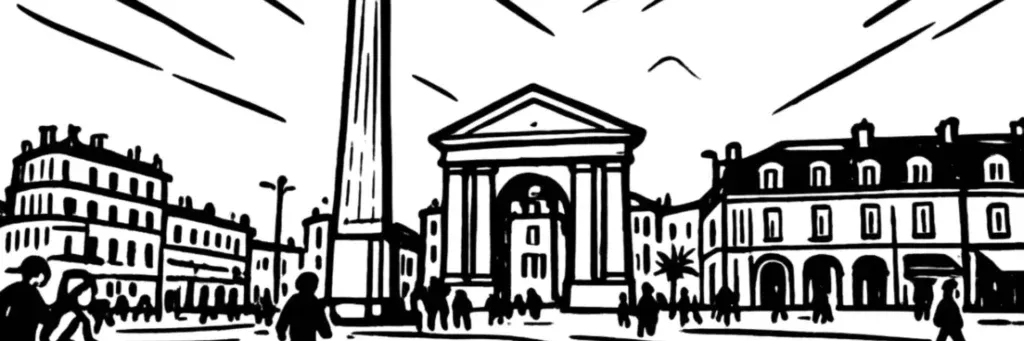 La place de la Victoire, le marché des Capucins et la basilique Saint-Michel dans le sud du centre de Bordeaux, illustration au trait