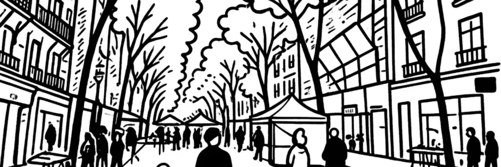 Le quartier Centre-Ville de Boulogne-Billancourt, l'hôtel de ville, la rue d'Aguesseau et le marché Escudier, immeubles de ville et commerces au cœur de la commune, illustration au trait