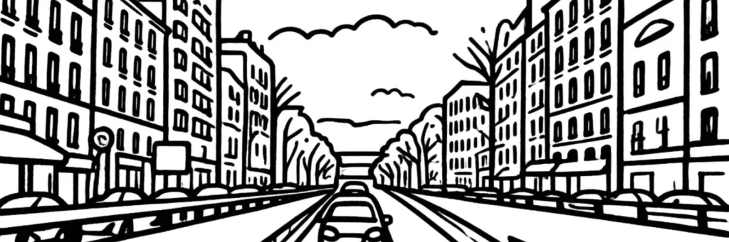 Le quartier Édouard Vaillant à Boulogne-Billancourt, l'avenue Édouard Vaillant traversant le centre de la commune, immeubles résidentiels et commerces de proximité, illustration au trait