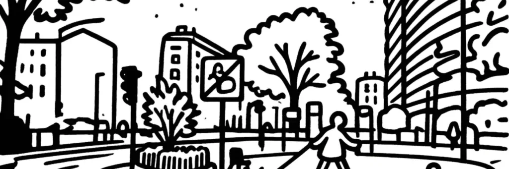 Le quartier Jean-Baptiste Clément à Boulogne-Billancourt, l'avenue Jean-Baptiste Clément et les immeubles haussmanniens du nord de la commune, en lisière du Bois de Boulogne et de la Porte de Saint-Cloud, illustration au trait