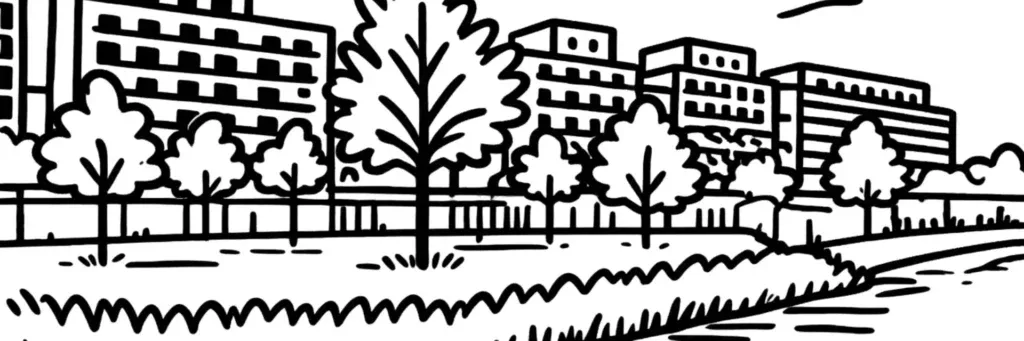 Le quartier Le Trapèze à Boulogne-Billancourt, écoquartier neuf face à l'Île Seguin et à la Seine Musicale, le parc de Billancourt, le cours de l'Île Seguin et les immeubles récents en bord de Seine, illustration au trait