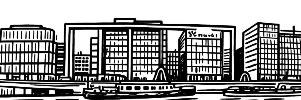 Le quartier Point du Jour à Boulogne-Billancourt, secteur sud-est près du Pont de Saint-Cloud et des quais de Seine, face au parc de l'Île Saint-Germain, immeubles résidentiels et bords de Seine, illustration au trait