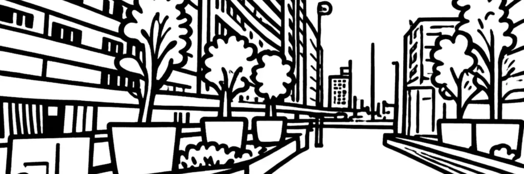 Le quartier Pont de Sèvres à Boulogne-Billancourt, secteur sud-ouest de la commune avec ses tours, le terminus du métro ligne 9 et l'accès vers Sèvres et Meudon par le pont sur la Seine, illustration au trait